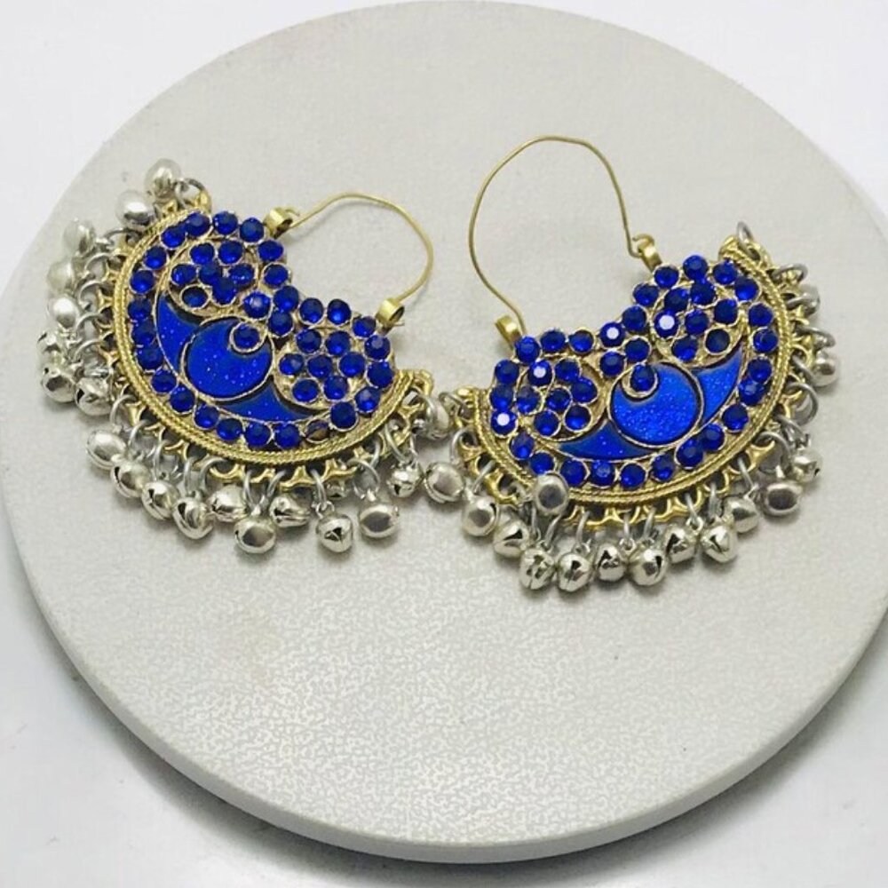Blue Glass Stone Chandbali Earrings: Silver Kuchi Tribal Bell Hoops - Picture 4 of 6